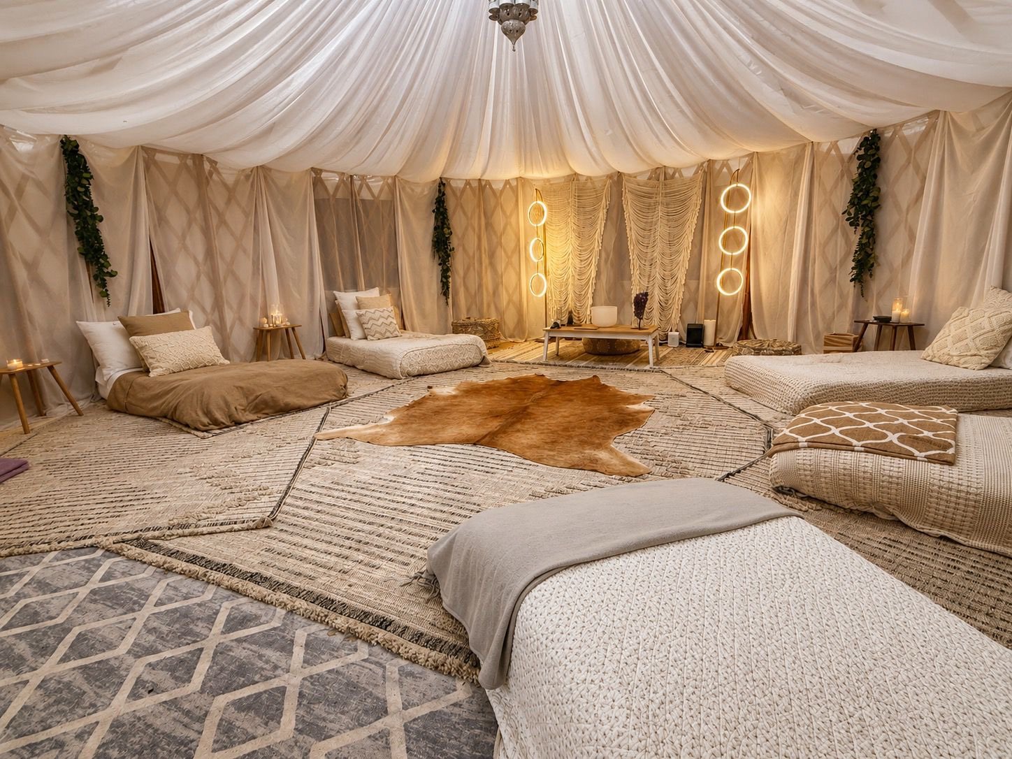 Tent temple interior at AWKN Ranch — white draped silk ceiling, mattresses around a central rug, macrame and ring lights