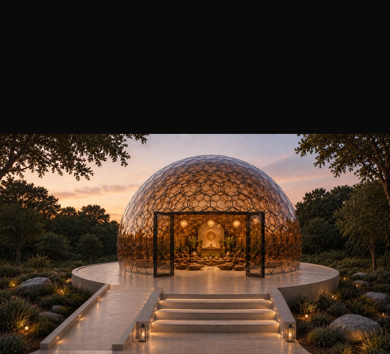 AWKN honeycomb dome at sunset, lit from within