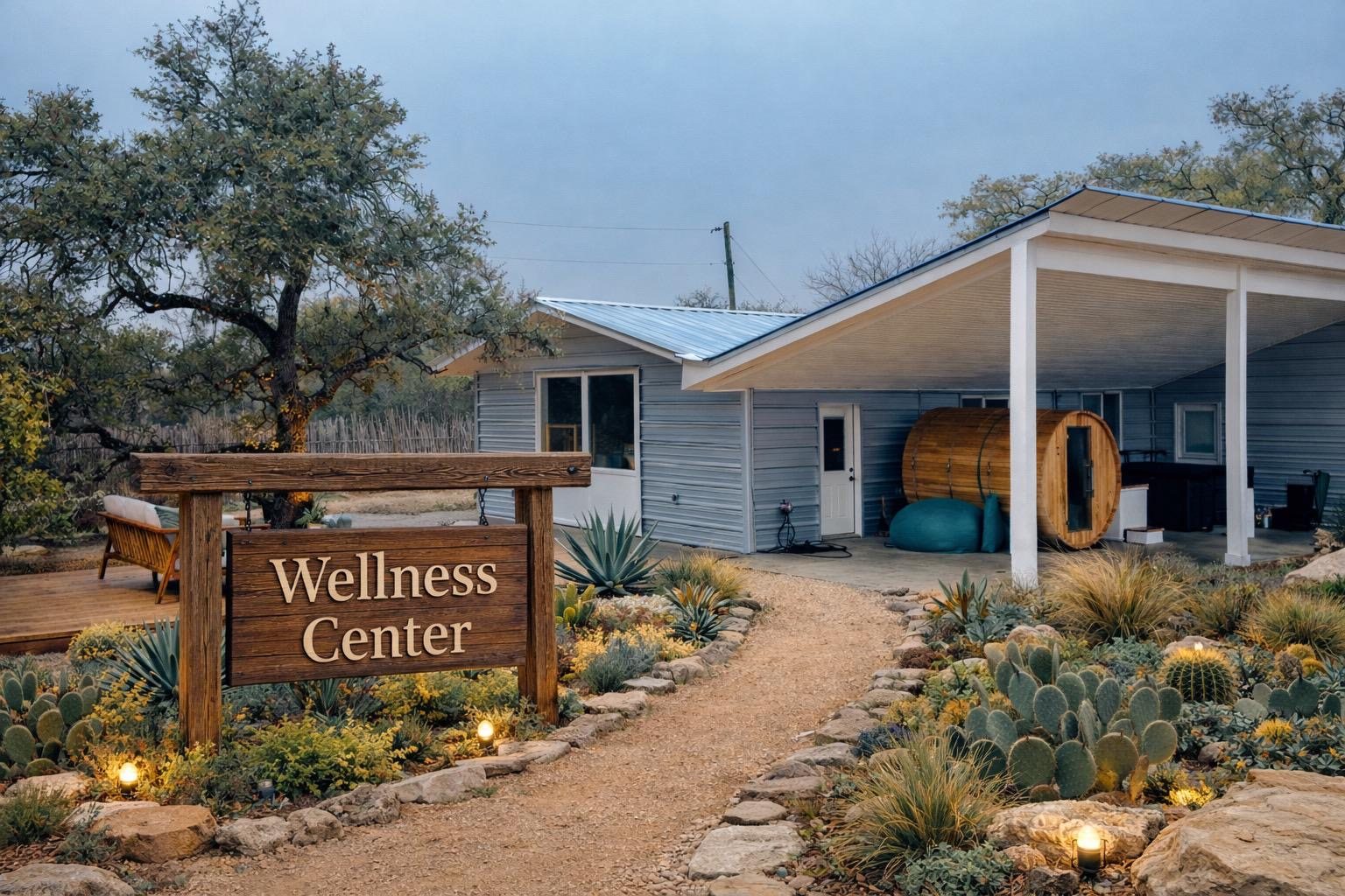 The AWKN Wellness Center at golden hour with cedar sauna and cactus landscape lit by lanterns